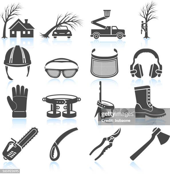 lumberjack aorist and equipment black & white vector icon set - fallen tree stock illustrations