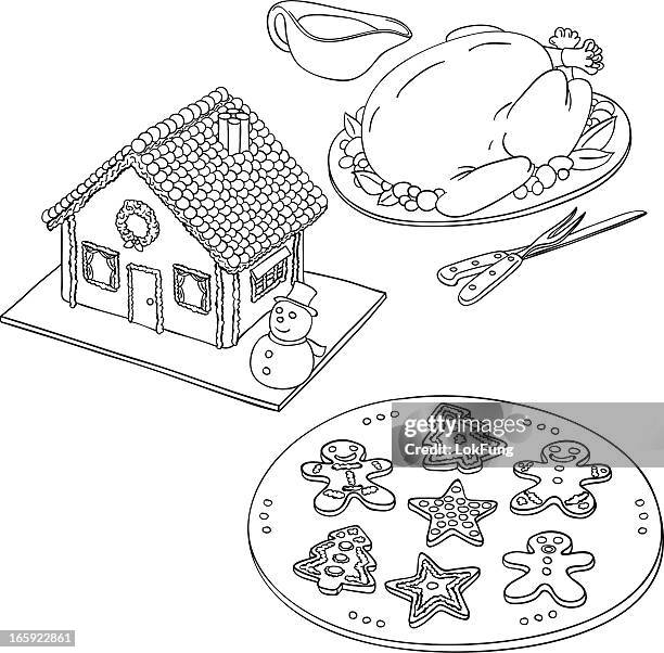 ilustrações de stock, clip art, desenhos animados e ícones de comida de natal em preto e branco - cooked turkey white plate