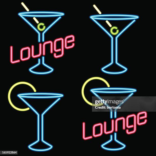 ilustraciones, imágenes clip art, dibujos animados e iconos de stock de neón'lounge'señales - vaso de martini
