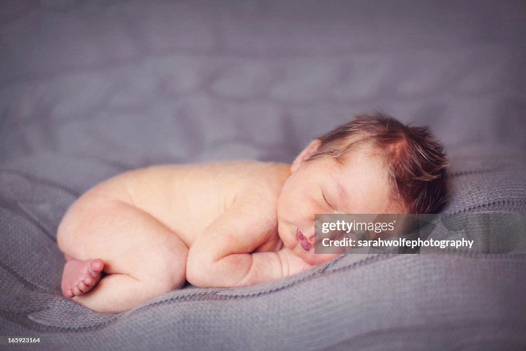 Newborn baby on gray blanket