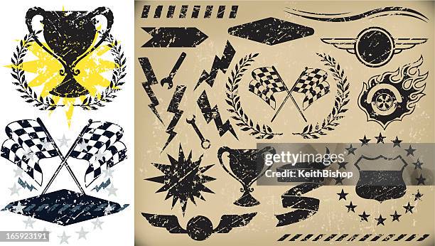 auto racing, checkered flag grunge icons - racecar stock illustrations