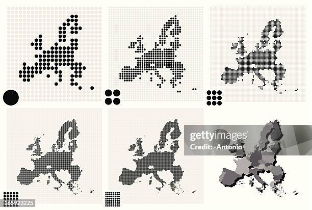 dotted maps of european union in different resolutions - europe stock illustrations