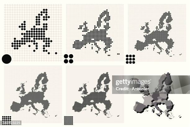 dotted maps of european union in different resolutions - political map of europe stock illustrations