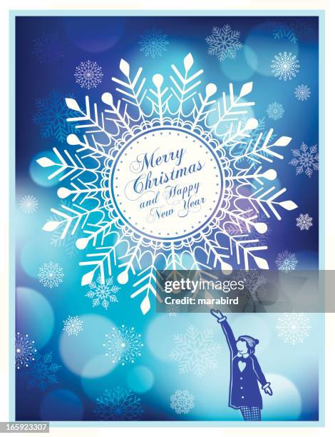 girl & big snowflake - greetings from postcard stock illustrations