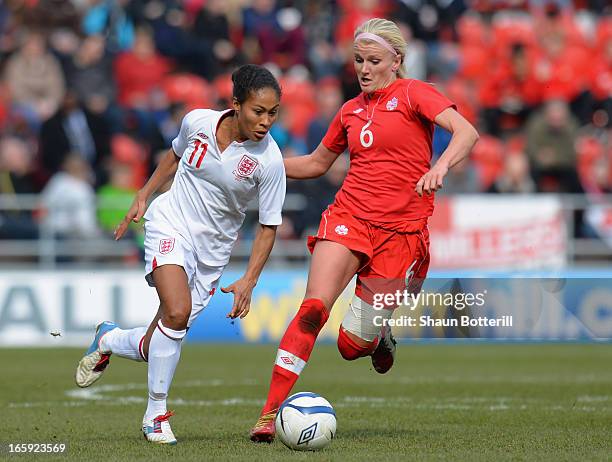 Rachel Yankey of England breaks away from Kaylyn Kyle of Canada during the Women's International Match between England Women and Canada Women at The...