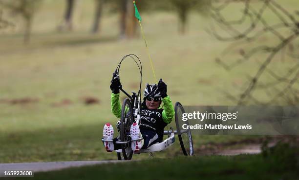 Claire Lomas participates in a training run at Whitwell Leisure Park on April 7, 2013 in Leicester, England. Claire Lomas will complete the...