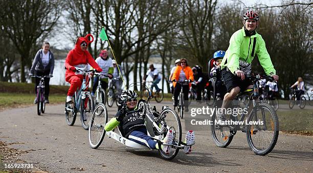 Claire Lomas participates in a training run at Whitwell Leisure Park on April 7, 2013 in Leicester, England. Claire Lomas will complete the...