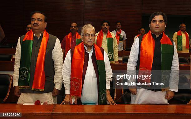 Leaders Ananth Kumar, Murli Manohar Joshi, Varun Gandhi and others during first meeting of newly-appointed office bearers of the party on April 7,...