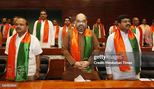 Leader Amit Shah, Dharmendra Pradhan and others during first meeting of newly-appointed office bearers of the party on April 7, 2013 in New Delhi,...