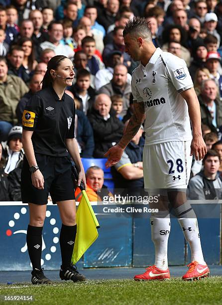 Assitant Referee Sian Massey speaks to Kyle Walker of Tottenham Hotspur during the Barclays Premier League match between Tottenham Hotspur and...