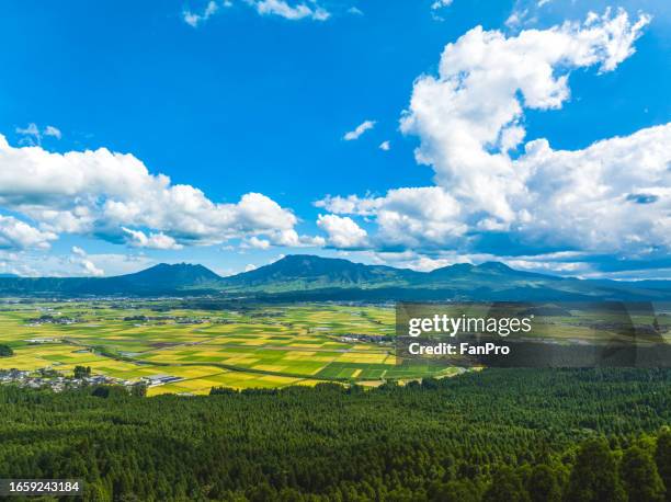 aerial view of aso's fields and mount aso, japan's agriculture - agriculture training institute peshawar stock pictures, royalty-free photos & images