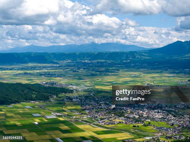 aerial view of aso's fields and mount aso, japan's agriculture - agriculture training institute peshawar stock pictures, royalty-free photos & images