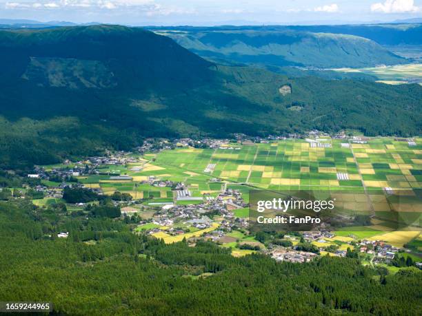 aerial view of aso's fields and mount aso, japan's agriculture - agriculture training institute peshawar stock pictures, royalty-free photos & images