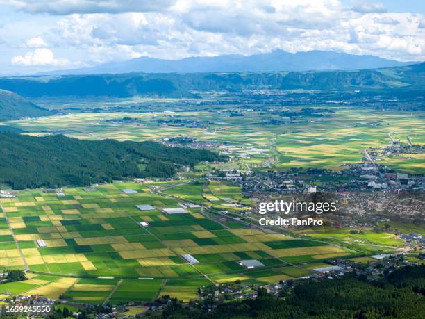 aerial view of aso's fields and mount aso, japan's agriculture - agriculture training institute peshawar stock pictures, royalty-free photos & images