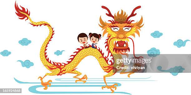 kid with the chinese dragon - chinese dragon stock illustrations