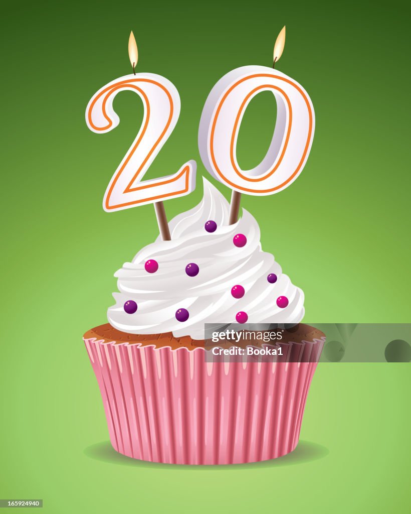 Illustration of a birthday cupcake celebrating 20 years old