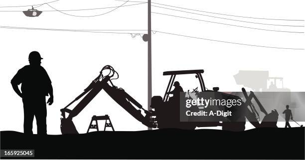 ilustrações de stock, clip art, desenhos animados e ícones de roadconstruction - pá carregadeira frontal