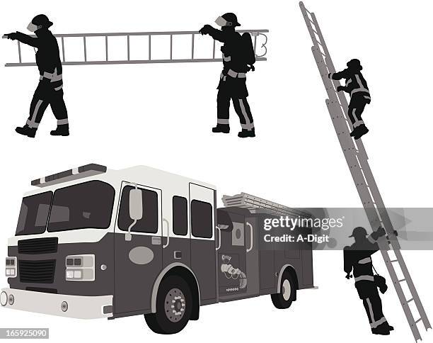 ilustraciones, imágenes clip art, dibujos animados e iconos de stock de fireman'nladders - autobomba