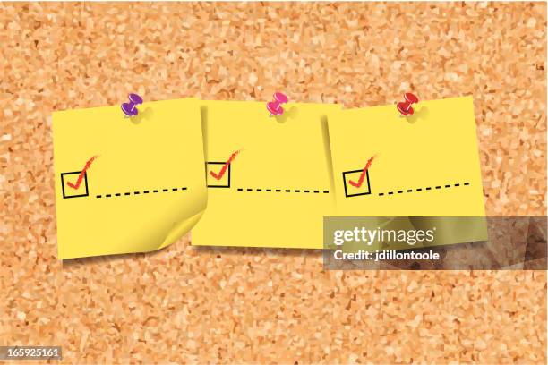 check list notes on cork board - post it note board stock illustrations