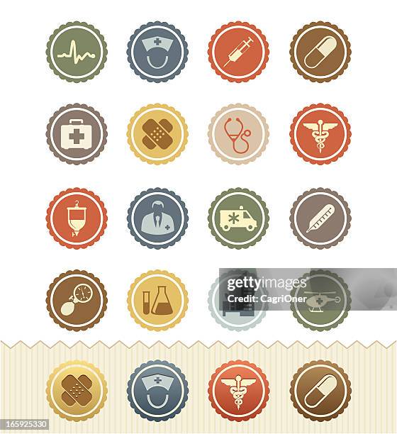 medical and health icons : vintage badge series - rod of asclepius stock illustrations