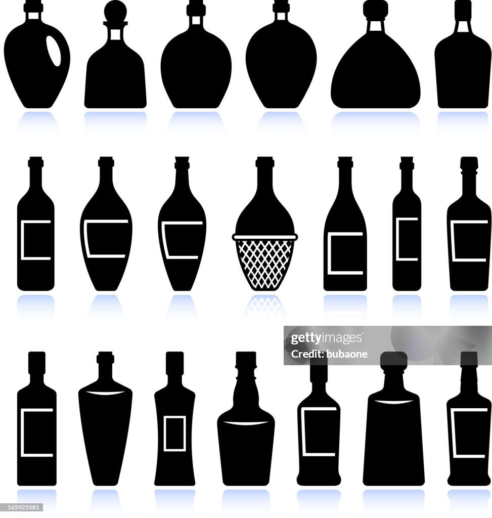 Wine and alcohol bottles black & white vector icon set