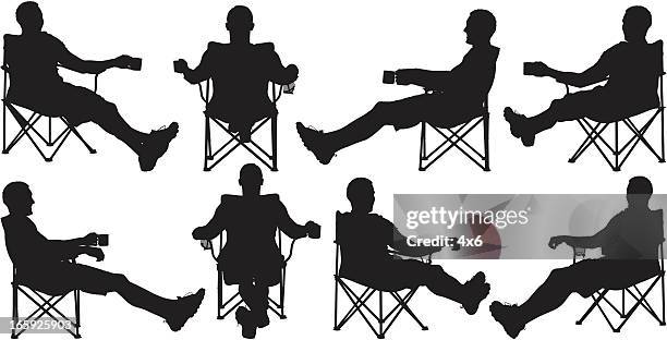 multiple images of a man resting on floding chair - man folding clothes stock illustrations