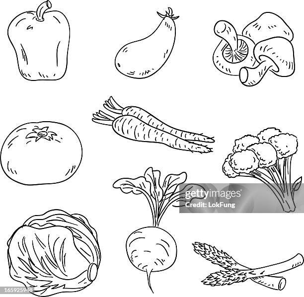 vegetable collection in black and white - broccoli on white stock illustrations