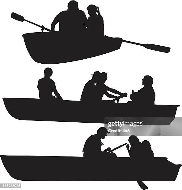 silhouette of people rowing boats - people on canoe clip art stock illustrations