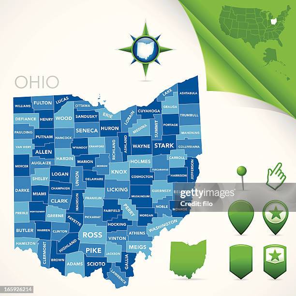 ohio county karte - ohio stock-grafiken, -clipart, -cartoons und -symbole