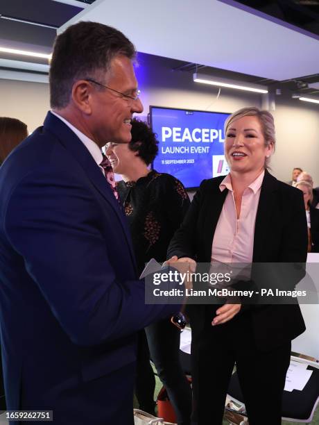 European Commission vice-president Maros Sefcovic greets Sinn Fein Stormont leader Michelle O'Neill, at the New Forge complex in Belfast following...