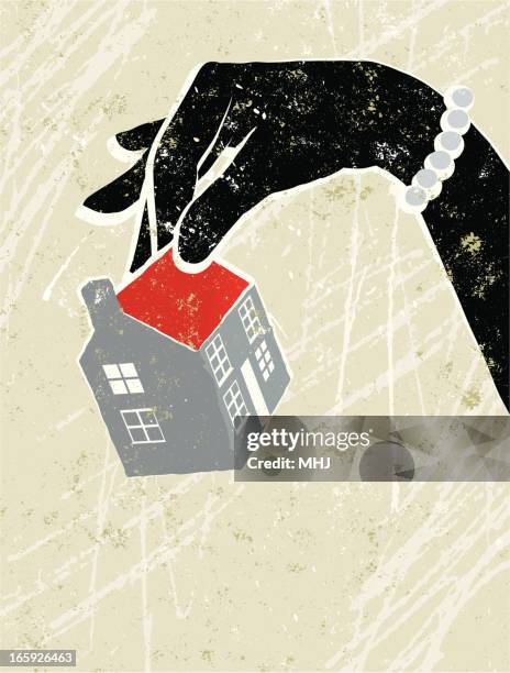 glamorous woman's hand holding a tiny house - subprime loan crisis stock illustrations