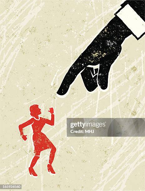 business man's hand pointing at tiny woman - domestic violence stock illustrations