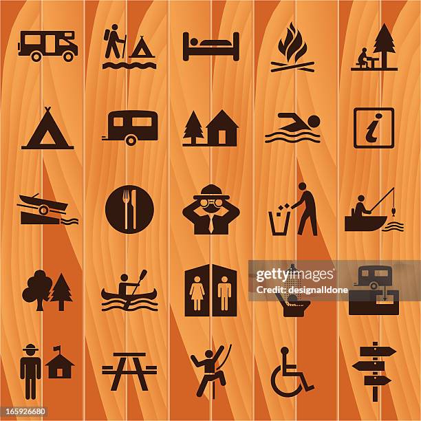 camping icons on wooden background - dressing room stock illustrations