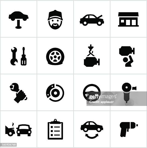schwarzes auto reparatur symbole - reifenpanne stock-grafiken, -clipart, -cartoons und -symbole
