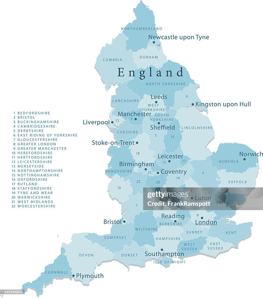 Inghilterra, mappa vettoriale regioni isolato