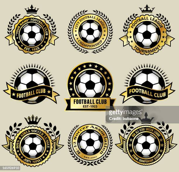 soccer ball on gold badges royalty free vector icon set - golden medal stock illustrations