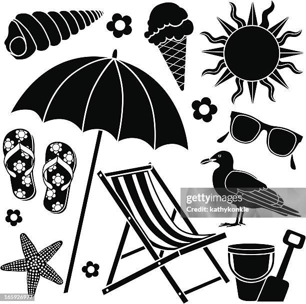 ilustraciones, imágenes clip art, dibujos animados e iconos de stock de iconos de playa - silla de jardín