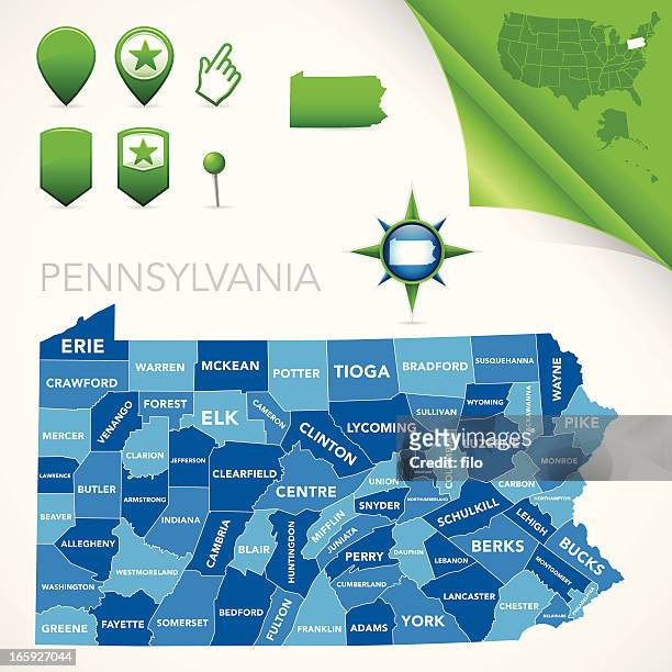 ilustraciones, imágenes clip art, dibujos animados e iconos de stock de mapa del condado de pensilvania - pennsylvania