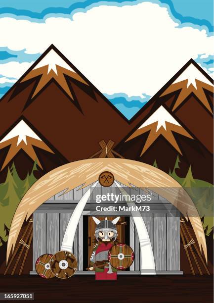 viking krieger in-house-atmosphäre - thatched roof stock-grafiken, -clipart, -cartoons und -symbole