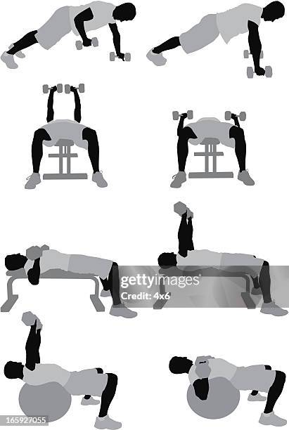 multiple images of a man exercising - exercise routine stock illustrations