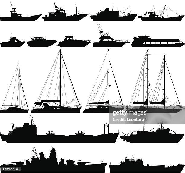 highly detailed boat silhouettes - commercial fishing boat stock illustrations