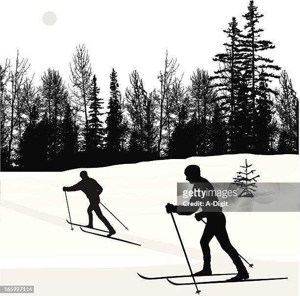 winter delights vector silhouette - cross country skiing stock illustrations