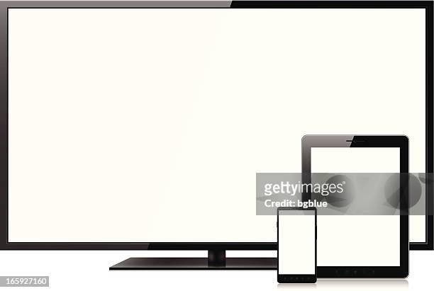 blank screens on smartphone, tablet pc and television - lcd tv stock illustrations