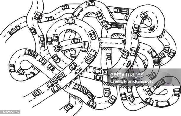 confusing streets traffic drawing - road junction stock illustrations
