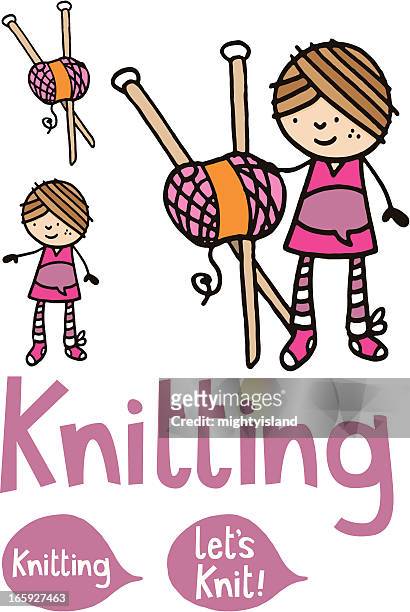 woman or girl with knitting needles and wool - ball of wool stock illustrations