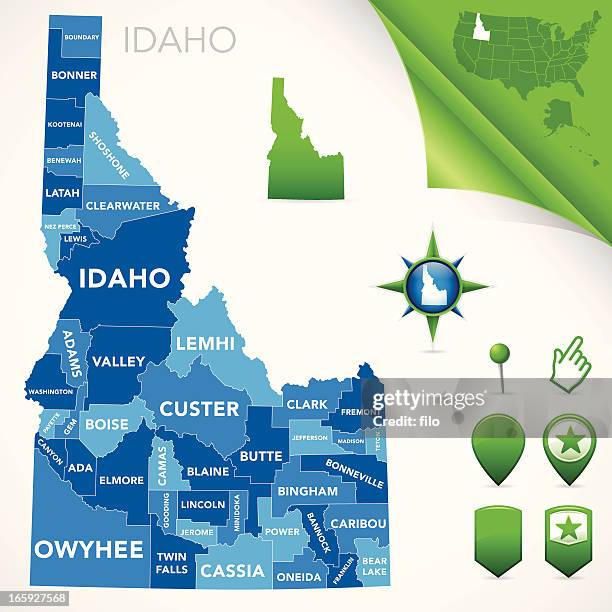 ilustraciones, imágenes clip art, dibujos animados e iconos de stock de condado de idaho mapa - idaho
