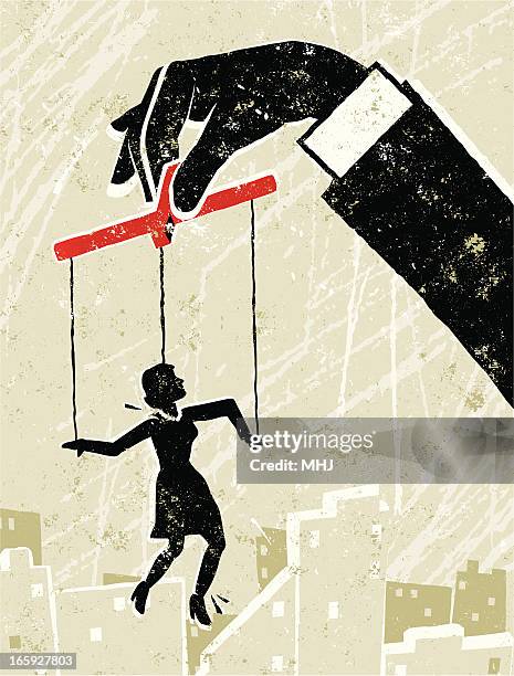 stockillustraties, clipart, cartoons en iconen met little woman puppet manipulated by giant business man's hand - exploitatie