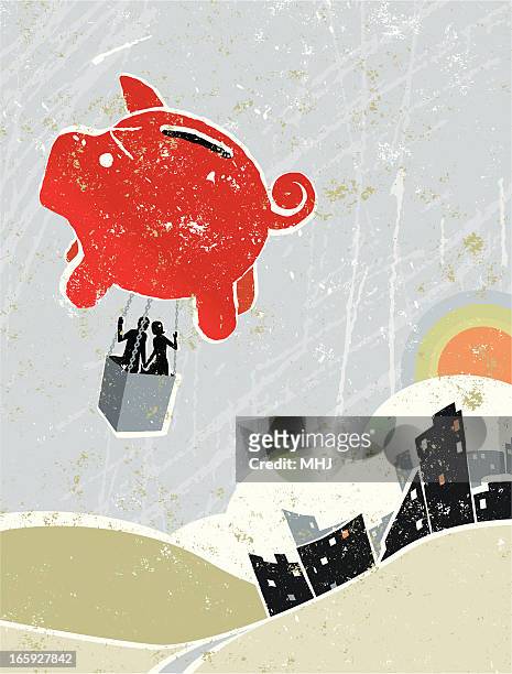 man and woman flying in piggy bank hot air balloon - couple saving piggy bank stock illustrations