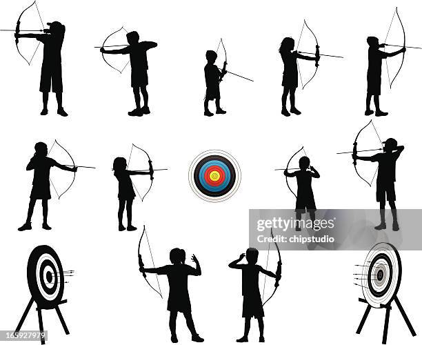 archery kids - bow arrow stock illustrations