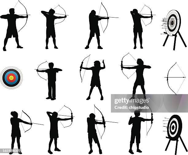 bogenschießen silhouetten - archery stock-grafiken, -clipart, -cartoons und -symbole